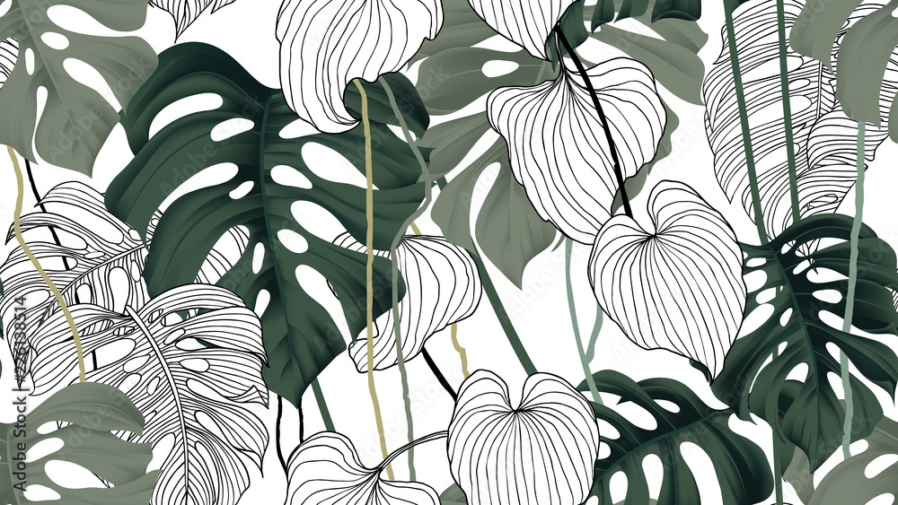 Fototapeta Floral seamless pattern, green, black and white split-leaf Philodendron plant with vines on white background, pastel vintage theme