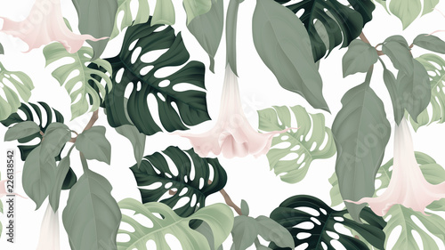 Floral seamless pattern, Brugmansia or Angels trumpet flowers and split-leaf Philodendron plant on light gray background, pastel vintage theme