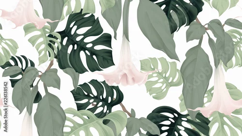 Tapety Kwiatowy wzór bez szwu, kwiaty trąbki Brugmansia lub aniołów i roślina dwuskrzydłowa Filodendron na jasnoszarym tle, pastelowy motyw vintage