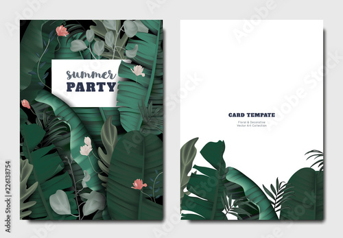 Tropical botanical garden invitation card template design, magnolia flowers with leaves on black background