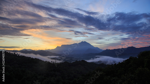 Beautiful sunrise landscape scenery with sunlight and fog and Mount Kinabalu as background in Guakon  Sabah  Malaysia