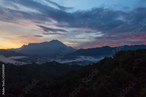 Beautiful sunrise landscape scenery with sunlight and fog and Mount Kinabalu as background in Guakon  Sabah  Malaysia