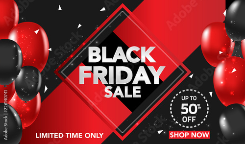 Black Friday Sale banner template background with red and black ballons and conffeti. Special offer. end of season, Template for brochure, web banner, flyer. vector illustration.