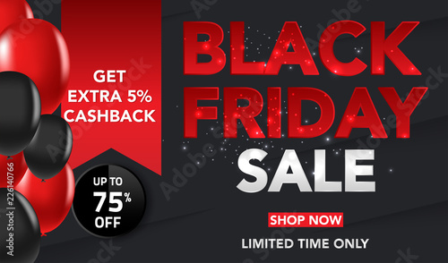 Black Friday Sale banner template background with red and black ballons and conffeti. Special offer. end of season, Template for brochure, web banner, flyer. vector illustration.