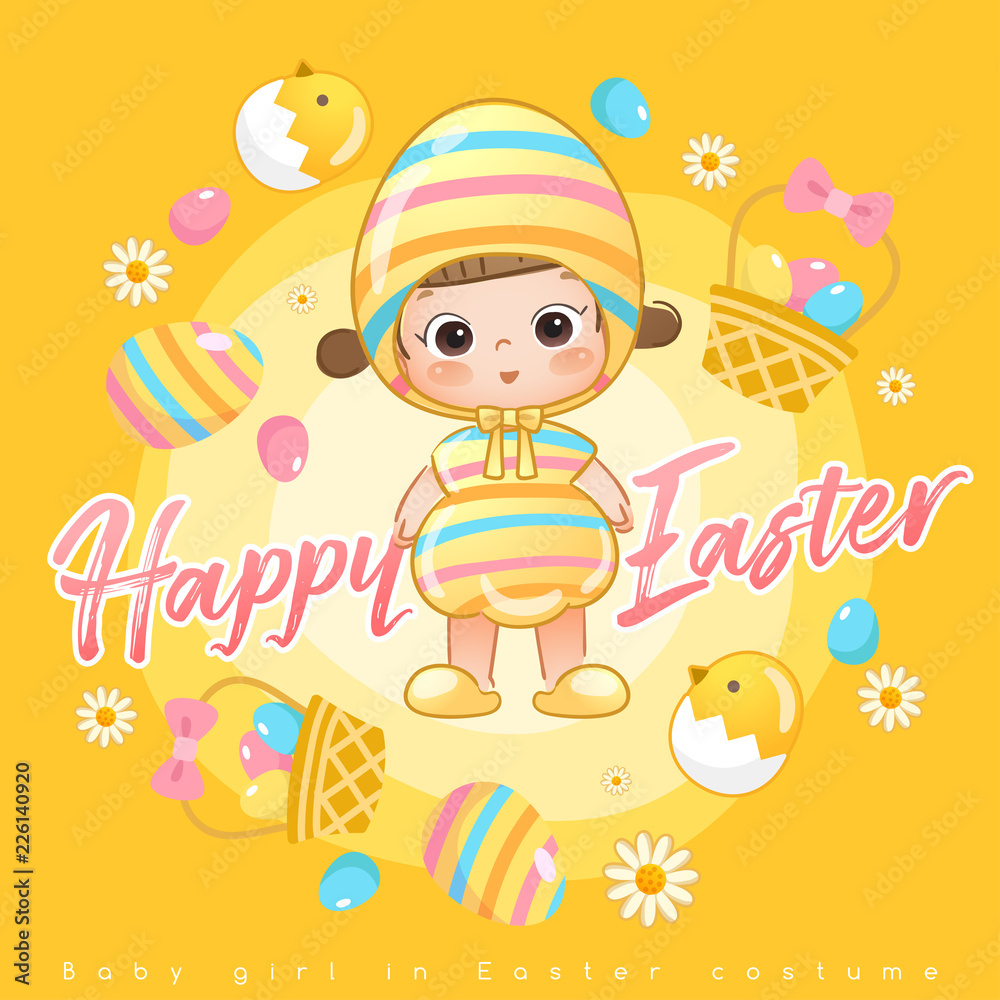 Baby girl in easter costume surrounding with easter colorful elements for Easter Card Template : Vector Illustration Baby girl in easter costume surrounding with easter colorful elements for Easter Card Template : Vector Illustration