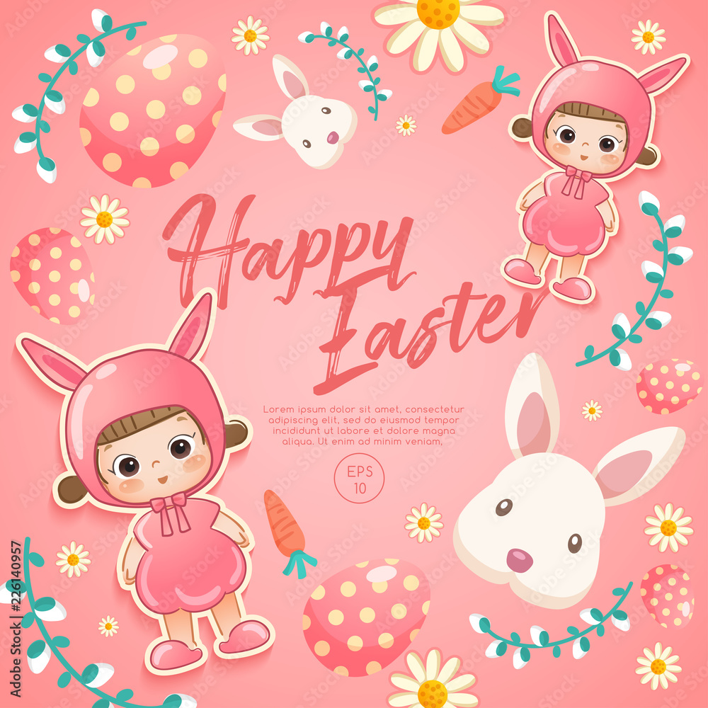 Baby girl in easter costume surrounding with easter colorful elements for Easter Card Template : Vector Illustration Baby girl in easter costume surrounding with easter colorful elements for Easter Card Template : Vector Illustration