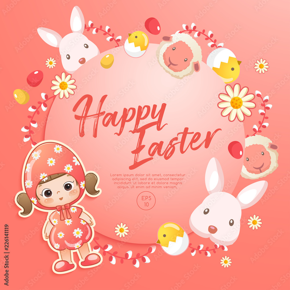 Baby girl in easter costume surrounding with easter colorful elements for Easter Card Template : Vector Illustration Baby girl in easter costume surrounding with easter colorful elements for Easter Card Template : Vector Illustration