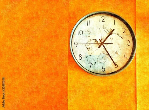 Wallpaper Mural Vintage wall clock on orange wall background in oil paint technique for art and interior decorations design concept, illustration mode Torontodigital.ca