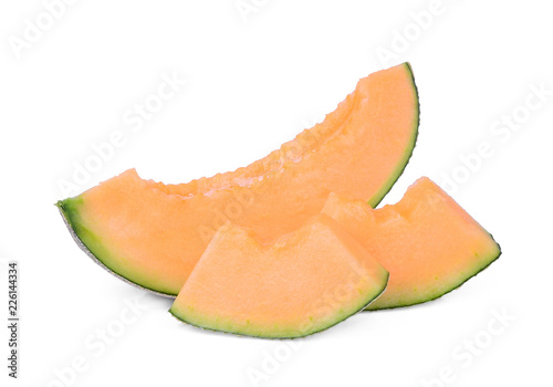 sliced japanese melons, green melon or cantaloupe melon isolated on white background