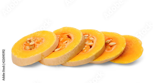 Sliced fresh raw pumpkin isolated on white