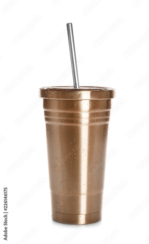 Golden coffee cup with straw isolated on white Golden coffee cup with straw isolated on white