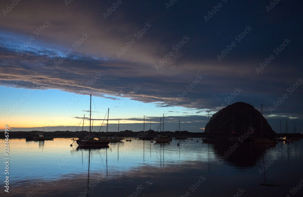 Sunset over Morro Bay Harbor on the central California coast in California United States