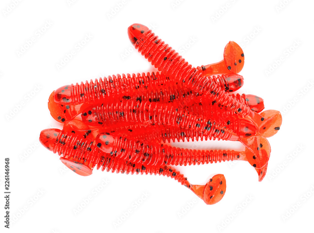 Rubber worms on white background, top view. Fishing lure Stock