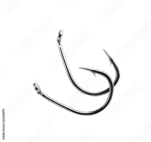 Metal hooks on white background. Fishing accessories