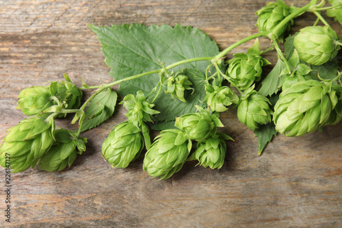 Fresh green hops on wooden background. Beer production
