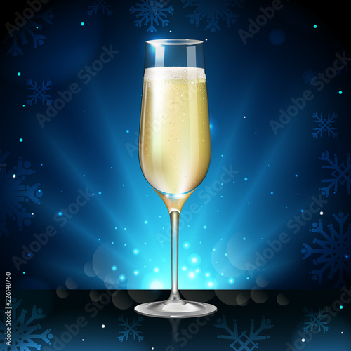 Realistic vector illustration of champagne glass on blurred holiday winter blue sparkle background photo