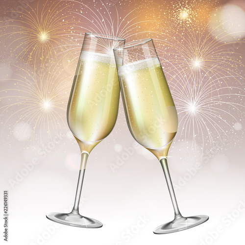 Realistic vector illustration of champagne glasses on blurred holiday golden firework background photo