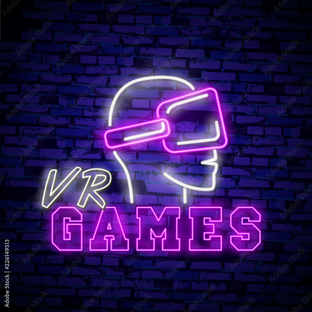 VR games neon sign vector. Virtual Reality Logotype Games, Emblem in