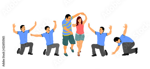 Greek Evzone wedding dance. Dancing group vector isolated on white. Traditional folk dance. Dancing couple vector illustration. Traditional Balkan dance kolo. Sirtaki, Syrtaki, dance. Groom and bride.