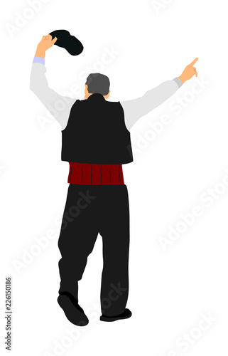 A Greek Evzone dancing vector isolated on white background. Traditional folk dance. Dancing man vector illustration. Traditional Balkan dance kolo. Sirtaki, Syrtaki, Zorba dance. Wedding dance.