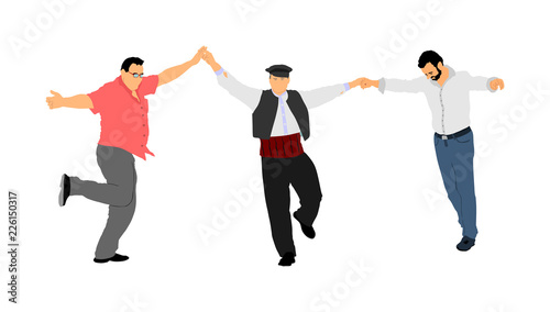 A Greek Evzone dancing group vector isolated on white background. Traditional folk dance. Dancing man vector illustration. Traditional Balkan dance kolo. Sirtaki, Syrtaki, dance. Wedding dance.