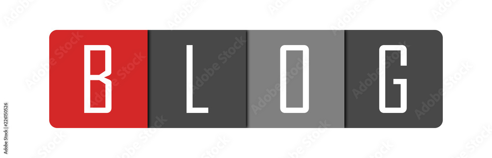 Blog - clear white text written in red and gray boxes on white background