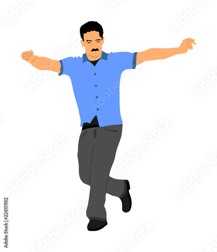 A Greek Evzone dancing vector isolated on white background. Traditional folk dance. Dancing man vector illustration. Traditional Balkan dance kolo. Sirtaki, Syrtaki, Zorba dance. Wedding dance.