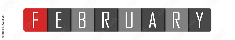 Fototapeta premium February - clear white text written in red and gray boxes on white background