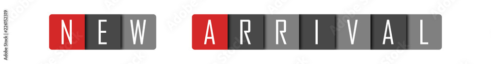 New Arrival - clear white text written in red and gray boxes on white background New Arrival - clear white text written in red and gray boxes on white background