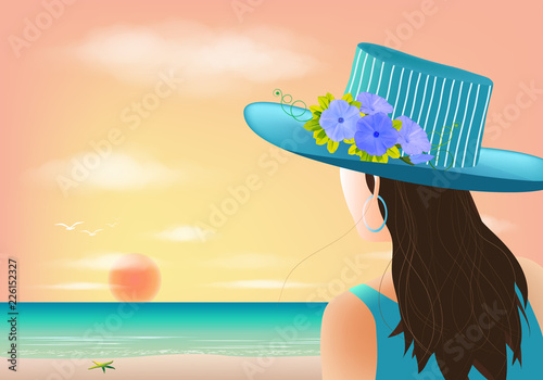 Woman looking sunset on the beach, vector illustration eps10