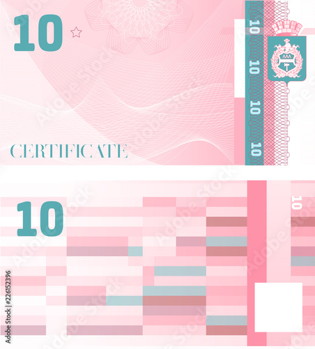 Gift certificate Voucher template 10 with guilloche pattern watermarks and border. Background usable for coupon, banknote, money design, currency, note, check etc. Vector in pink and turquoise color