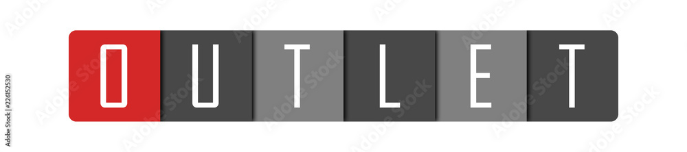 Outlet - clear white text written in red and gray boxes on white background Outlet - clear white text written in red and gray boxes on white background