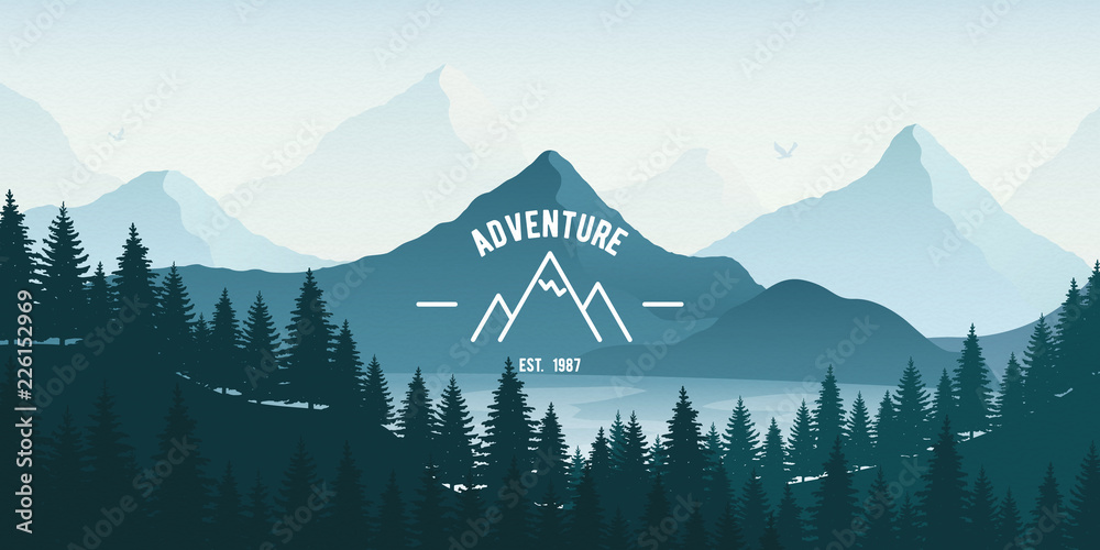 Horizontal Landscape with forest, lake and mountains. Vector illustration - obrazy, fototapety, plakaty 