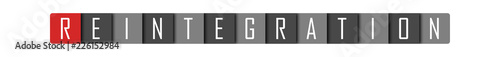 Reintegration - clear white text written in red and gray boxes on white background