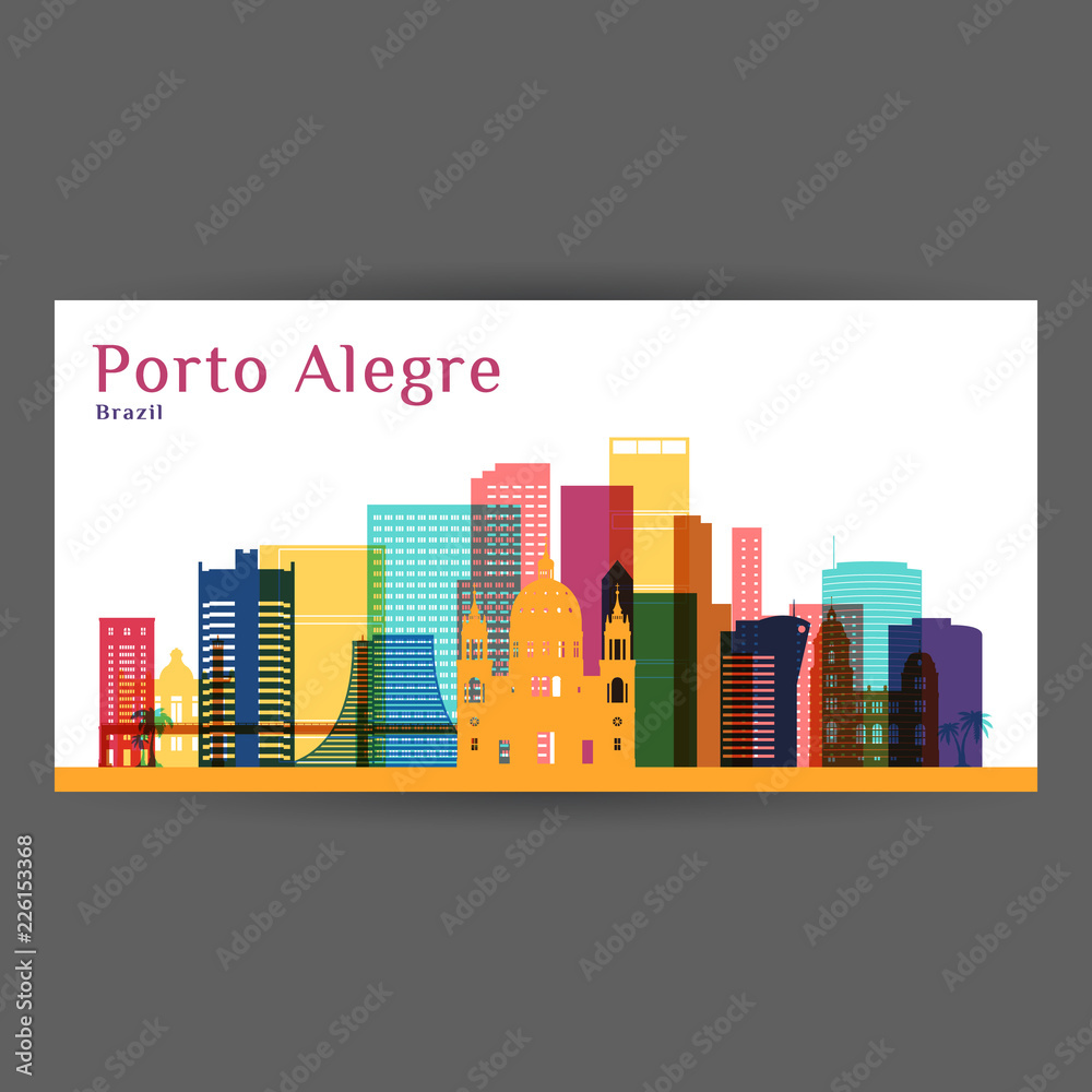 Porto Alegre city architecture silhouette. Colorful skyline. City flat design. Vector business card.