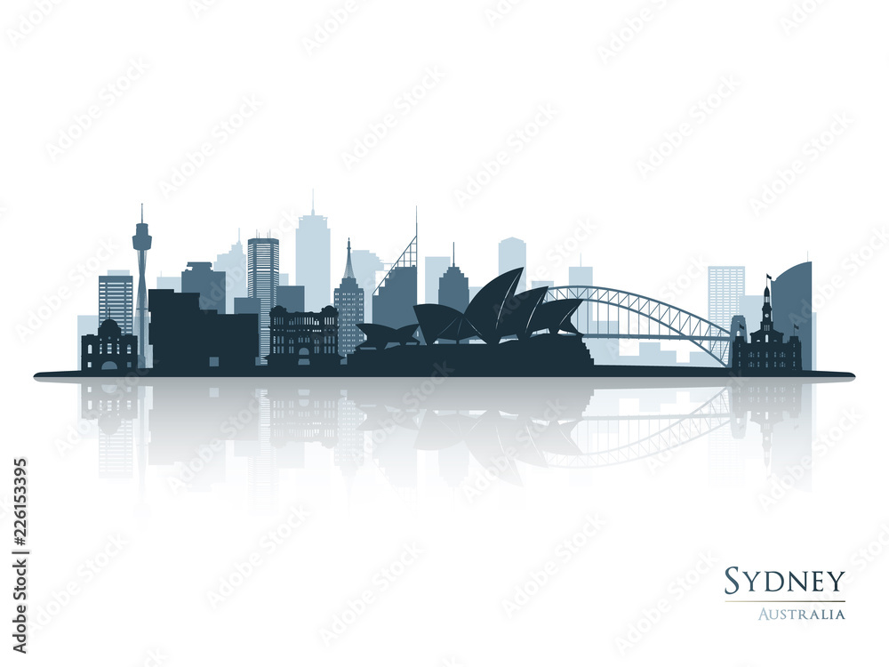 Naklejka premium Sydney niebieski sylwetka panoramę z odbiciem. Ilustracji wektorowych.