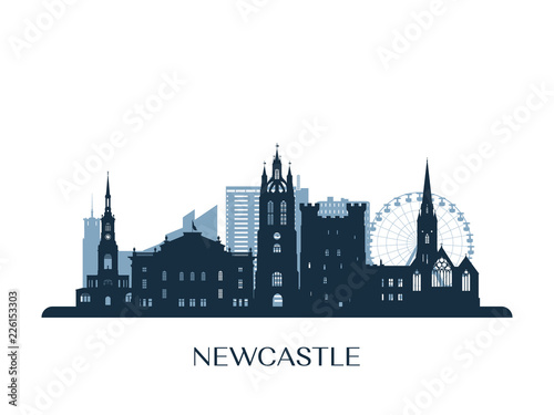 Newcastle skyline, monochrome silhouette. Vector illustration.
