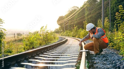 Railway engineer checks the new railway line