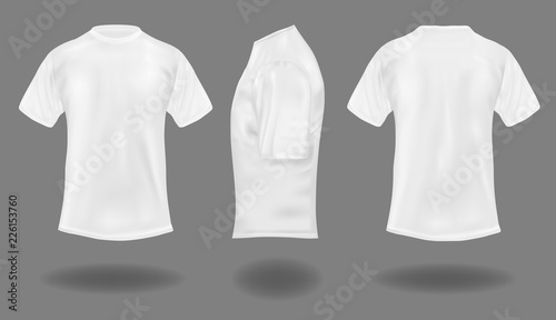 Set of white t-shirts on gray background.  Front, back and side views.