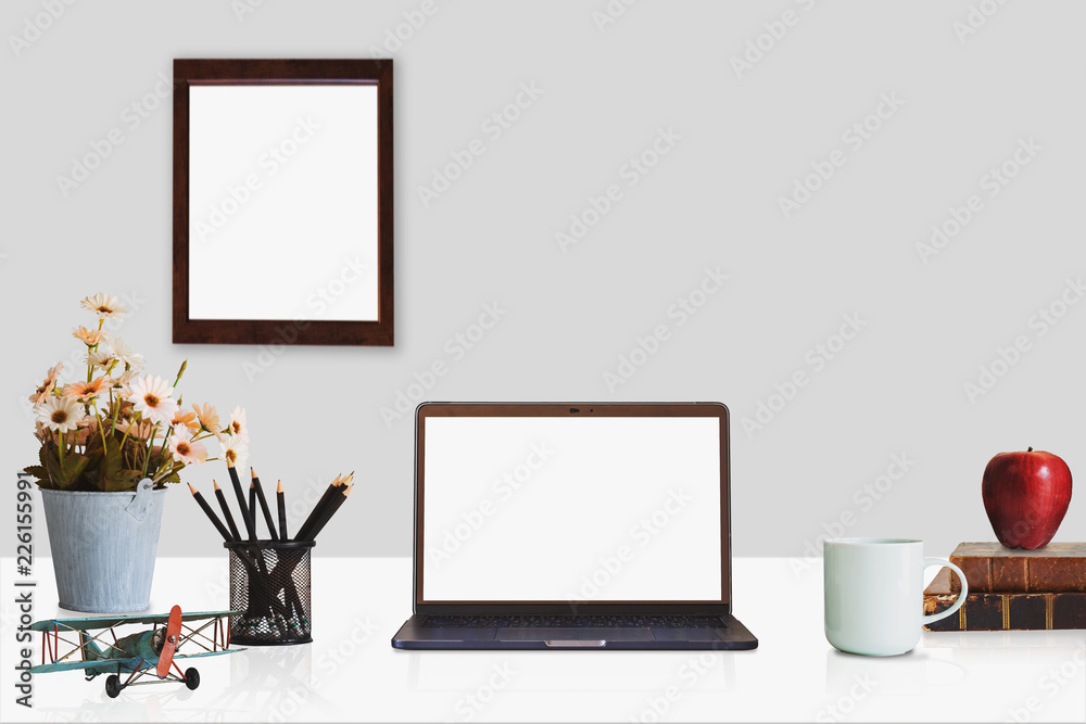 Obraz premium Workspace with modern desktop computer, office supplies flower plant at home or studio. Mock up.