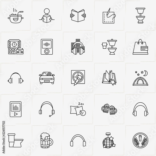 Activities line icon set with tent, disco globe and cooking