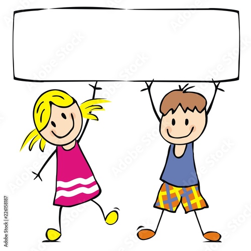 Happy kids with banner. Creative funny illustration. Concept for marketing campaign. Vector icon, single object.