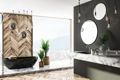 Luxury gray and wood bathroom corner