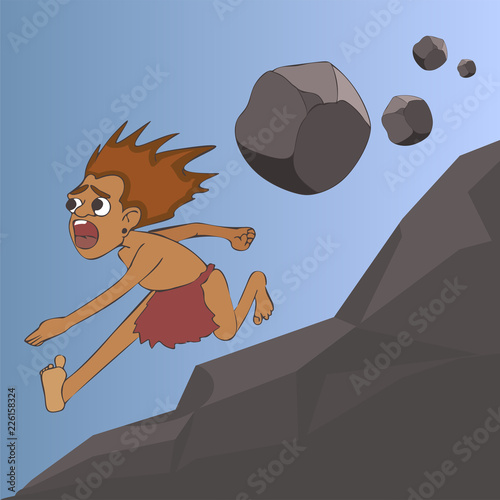 man escaping from boulder rolling down a hill