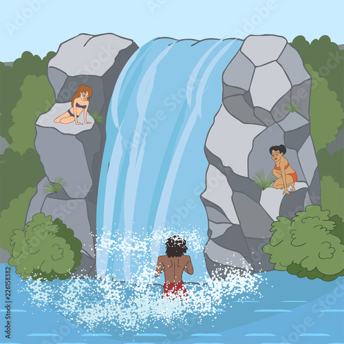 people bathe in waterfall cartoon