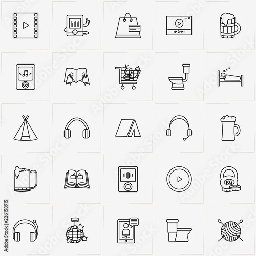 Activities line icon set with beer, sewing hank and music player