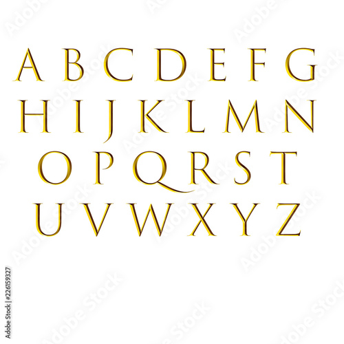 Isolated golden 3d alphabet on white background. 3d illustration Alphabet and golden letters on the white background. Modern golden paper font. Vector alphabet gold. Type font paper set illustration.