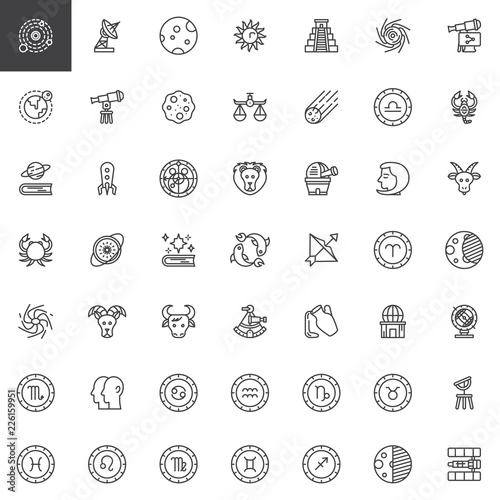 Astronomy and astrology outline icons set. linear style symbols collection line signs pack vector graphics. Set includes icons as Solar system, Satellite dish, Telescope, Zodiac Horoscope, Observatory