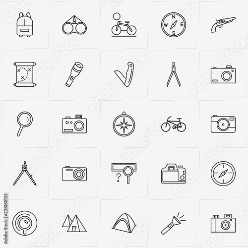 Adventure line icon set with flashlight, revolver and binocular