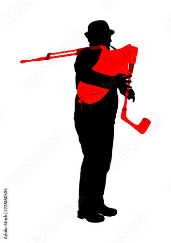 Bagpiper vector silhouette illustration isolated on white background. Street perform. Music performer play on traditional instrument. Bagpipe, pipes vector.